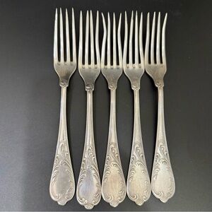 5pcs Antique Vintage Silver Plated Marked 100 Marly Pattern Design Dinner Forks